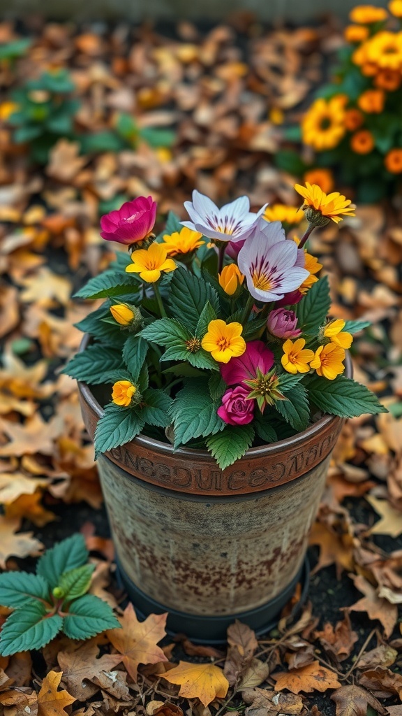 A pot filled with colorful primroses and polyanthus surrounded by autumn leaves.