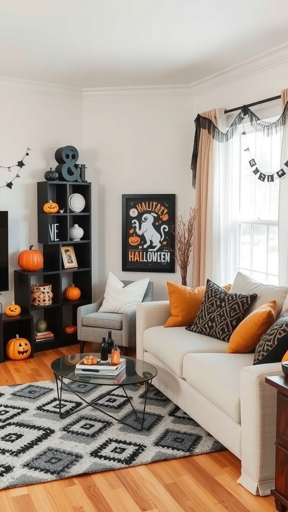 A cozy Halloween living room decorated with seasonal art, pumpkins, and a stylish rug.
