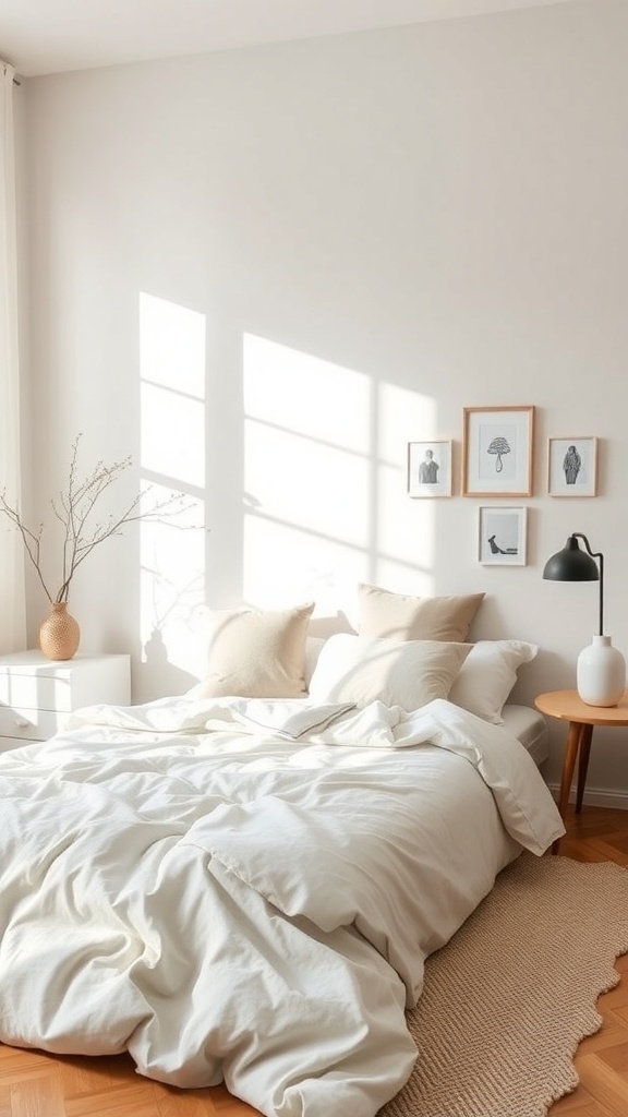 A cozy minimalist bedroom featuring a bed with white linens, soft pillows, and natural light illuminating the space.
