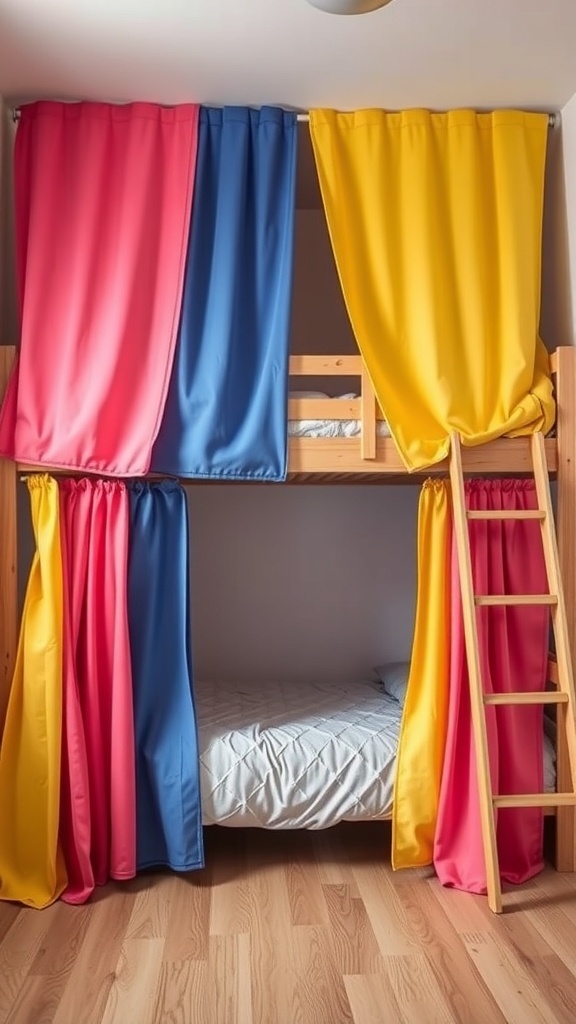 Bunk beds with colorful privacy curtains in pink, blue, and yellow.