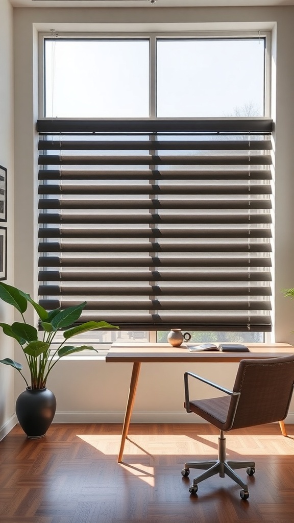 Modern privacy window blinds in a bright room with a desk and plant