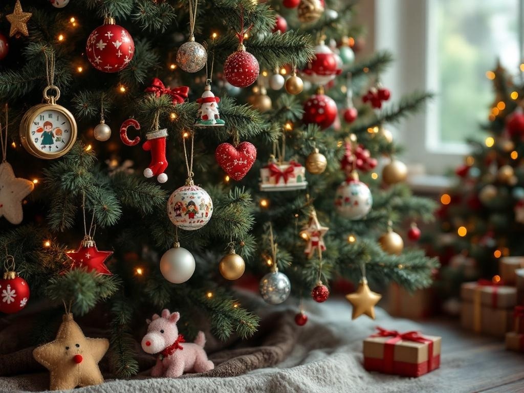 A beautifully decorated Christmas tree with colorful ornaments, including childhood favorites like stars, hearts, and playful figures.