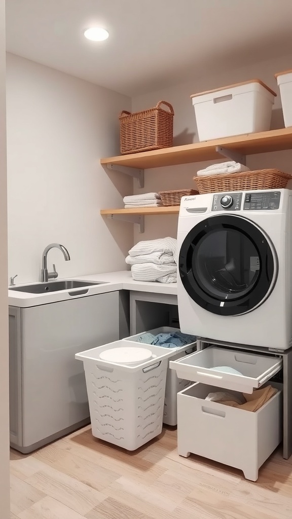 A modern laundry room featuring pull-out hampers for organized sorting, a utility sink, and open shelving.