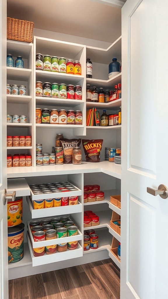 A modern pantry with pull-out shelves displaying various canned goods and spices.