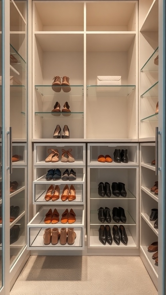 A modern shoe closet featuring pull-out drawers and clear shelves, showcasing organized footwear.