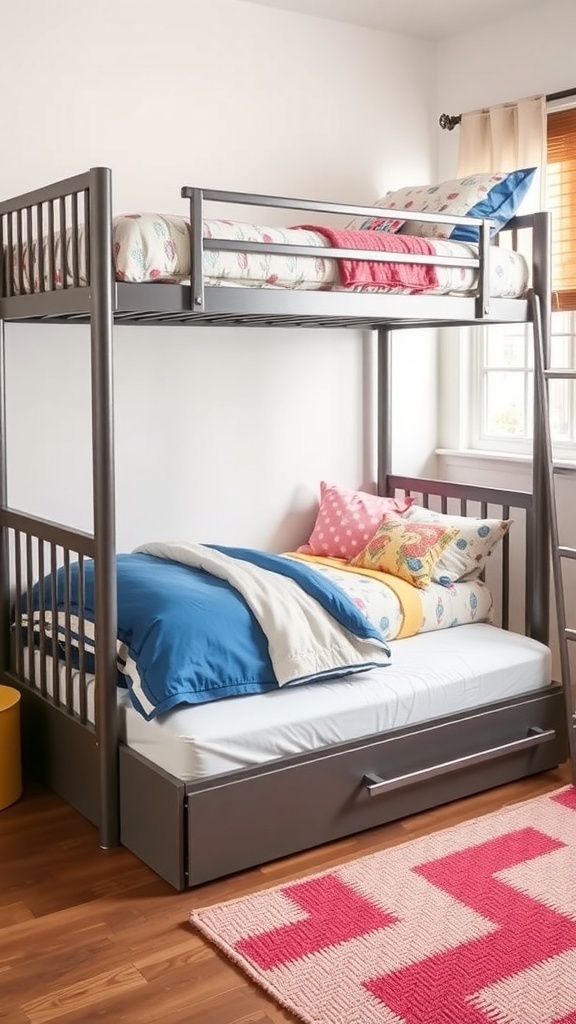 A modern bunk bed with a pull-out trundle underneath, featuring colorful bedding and pillows.