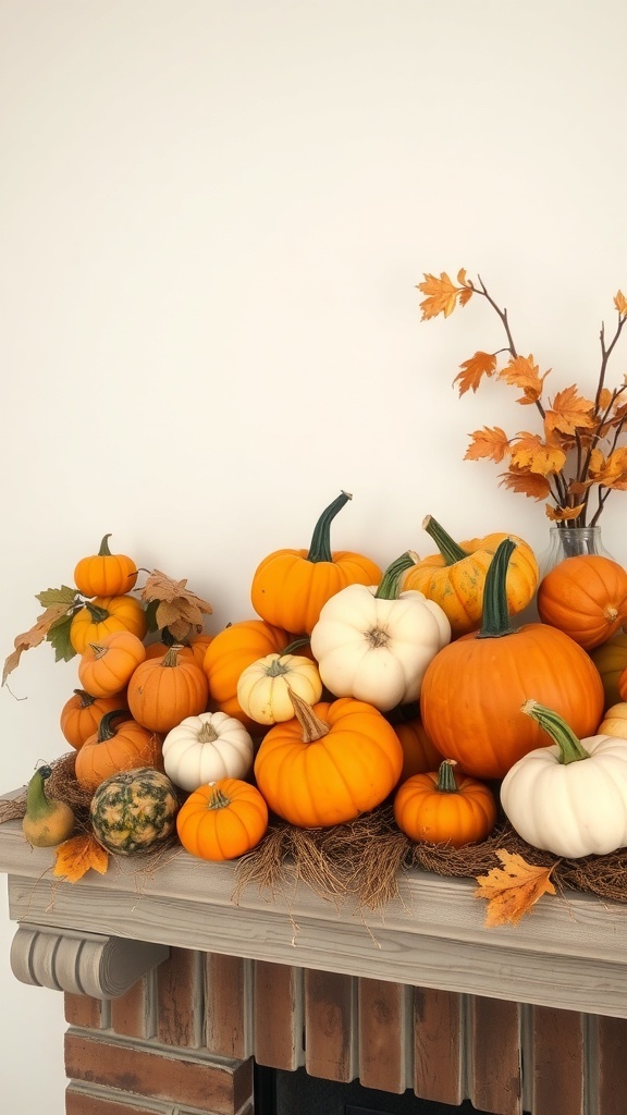 A collection of pumpkins and gourds in various colors and sizes arranged on a mantel with autumn leaves.