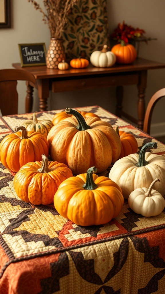 A table decorated with a Pumpkin & Gourd Medley Quilt featuring various pumpkins and gourds.
