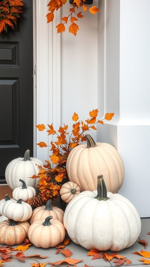 A decorative display of stacked white and orange pumpkins beside a black door, surrounded by autumn leaves.