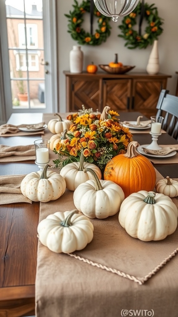 A table set with a pumpkin and gourd trio runner, featuring various pumpkins and a floral centerpiece.