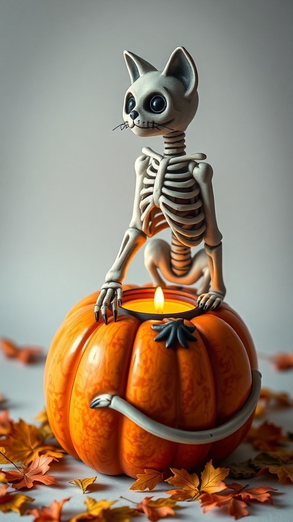 A skeleton cat sitting on a pumpkin tealight holder with a candle inside.