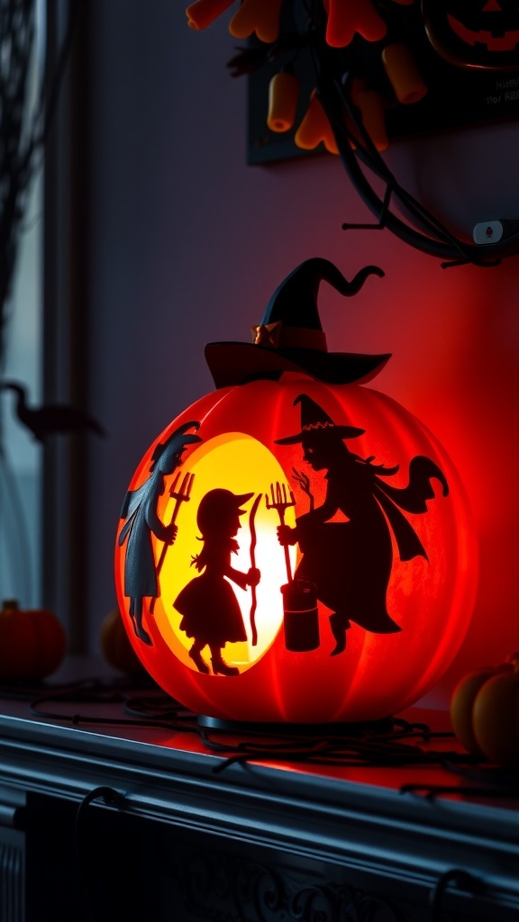 A glowing pumpkin lamp with witch silhouettes carved into it, creating a spooky Halloween vibe.