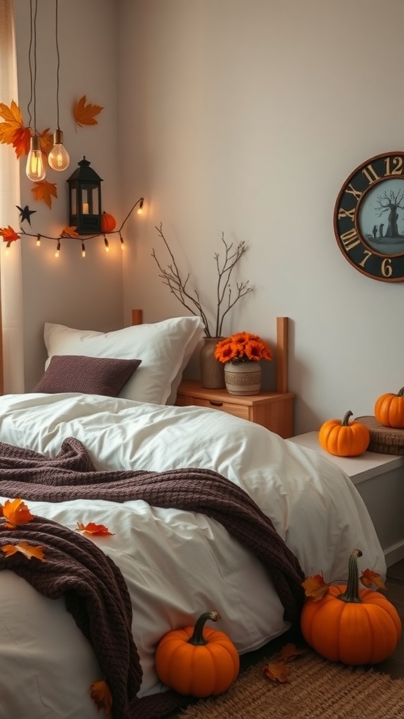 A cozy bedroom decorated for Halloween with pumpkins, fall leaves, and warm lighting.