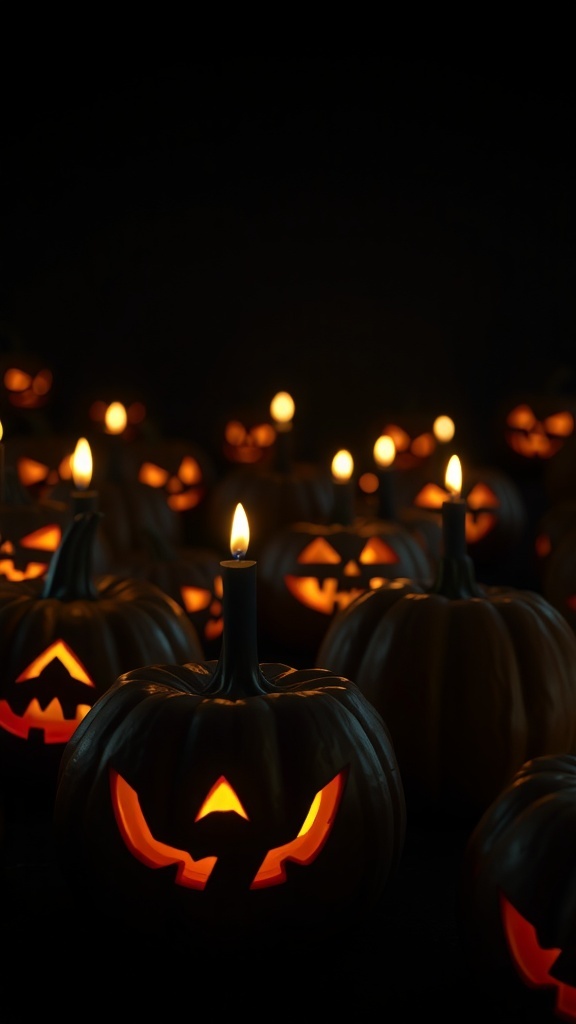 Pumpkins carved to hold candles, glowing warmly in a dark setting.