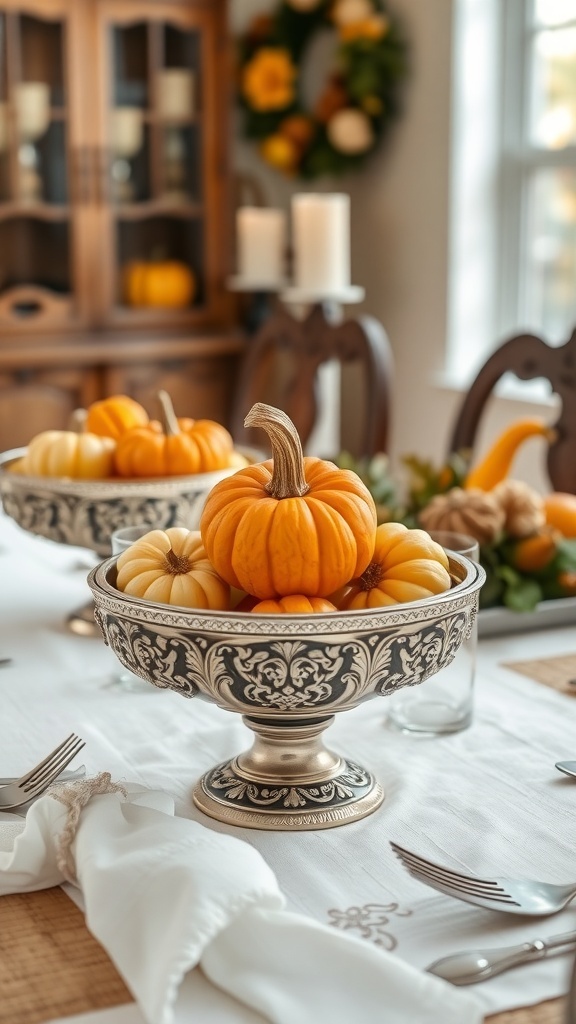 Vintage bowl filled with small pumpkins on a Thanksgiving table.