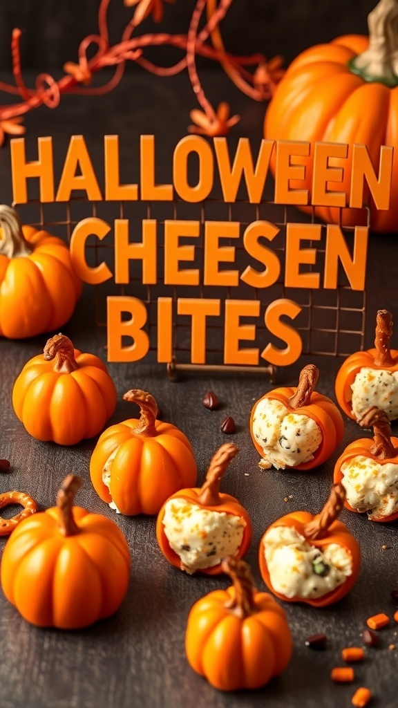 A display of Halloween-themed cheese ball bites shaped like pumpkins, with a sign that reads 'Halloween Cheese Bites'.