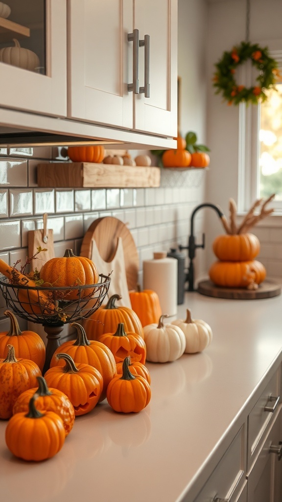 A kitchen countertop decorated with various pumpkins, including orange and white ones, arranged in a basket and on a tray.