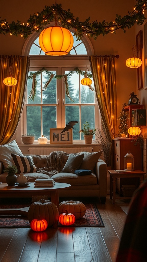 A cozy living room decorated with pumpkin fairy lights and other Halloween decor.