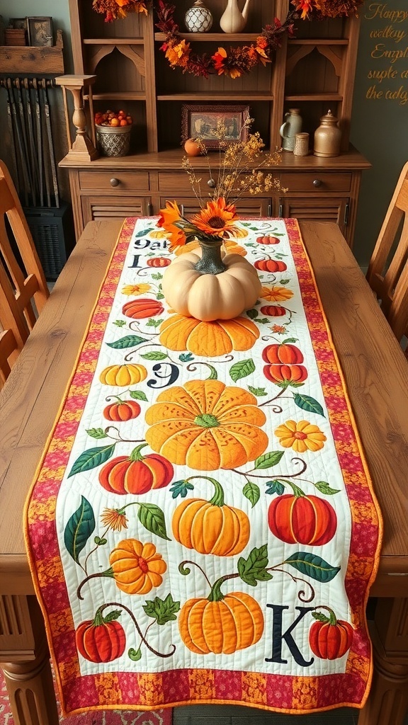 A colorful quilted table runner featuring pumpkins, displayed on a wooden dining table.