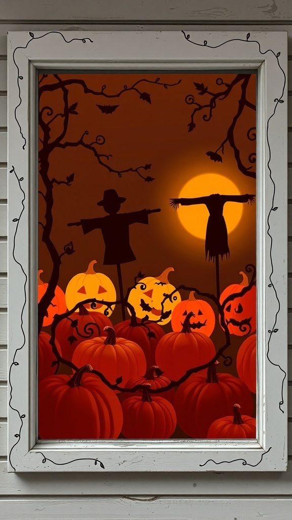 A silhouette window decor featuring a pumpkin patch scene with scarecrows, pumpkins, and bats against a glowing sunset.