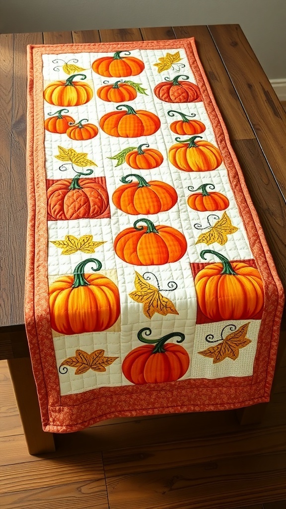 A quilted table runner featuring colorful pumpkins and leaves, perfect for fall decor.
