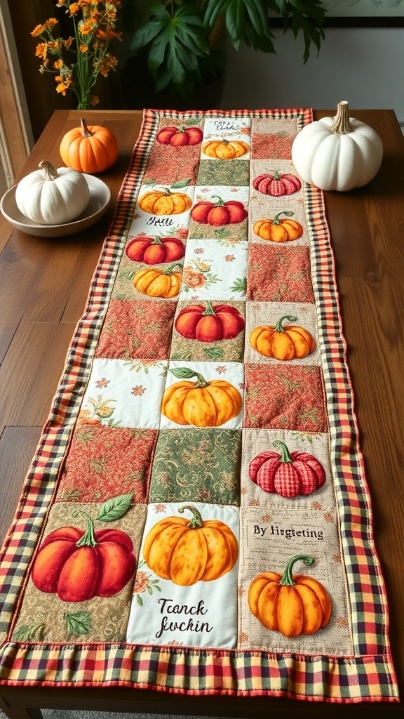 A quilted table runner featuring colorful pumpkin patches and autumn-themed designs, placed on a wooden table with small pumpkins.