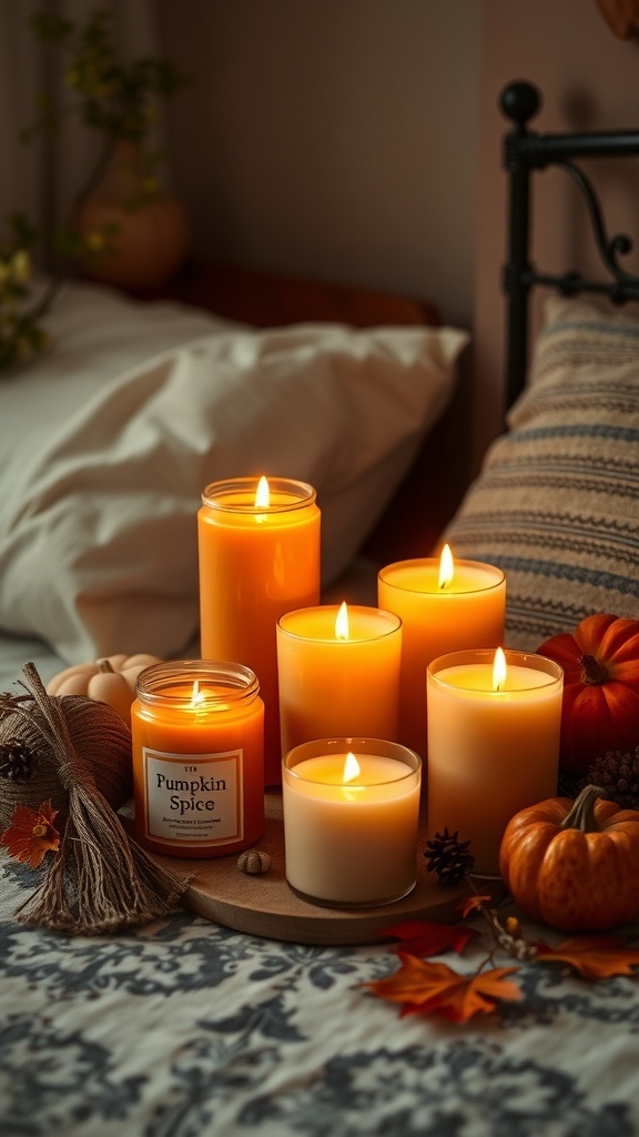 A cozy arrangement of pumpkin spice and apple-scented candles on a bedside table, surrounded by small pumpkins and autumn leaves.