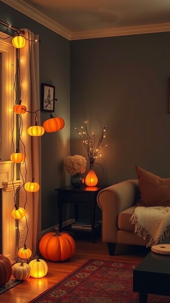 Cozy living room with pumpkin string lights and autumn decorations