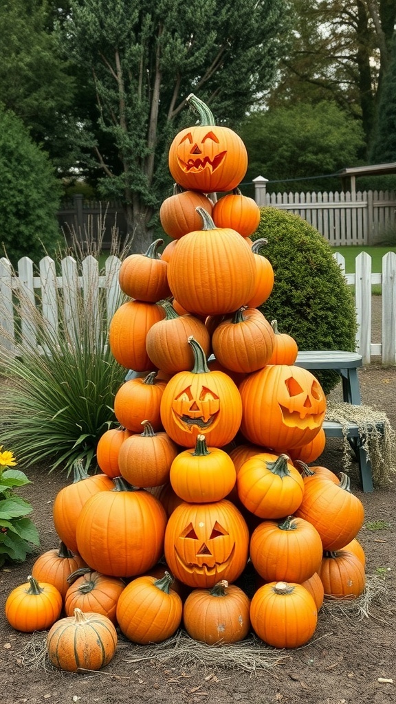 A stack of carved pumpkins in a garden, showcasing various faces and sizes.