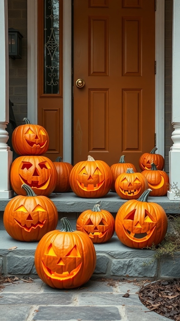 A collection of carved pumpkins with cheerful faces displayed on porch steps.