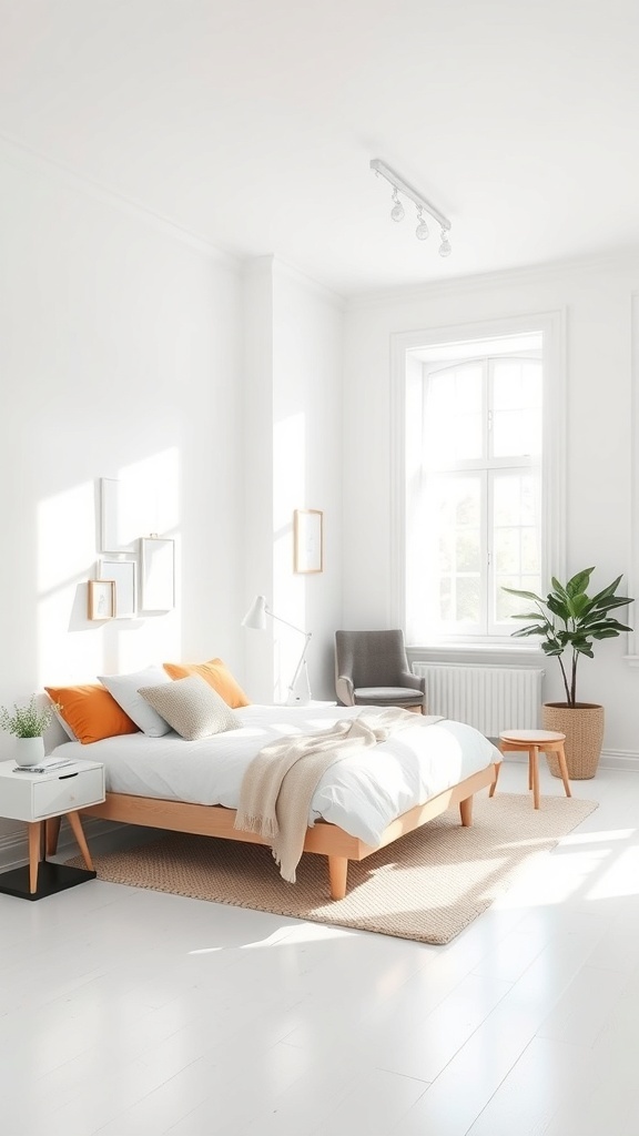 Bright bedroom with Pure White walls, featuring a cozy bed, natural light, and stylish decor.