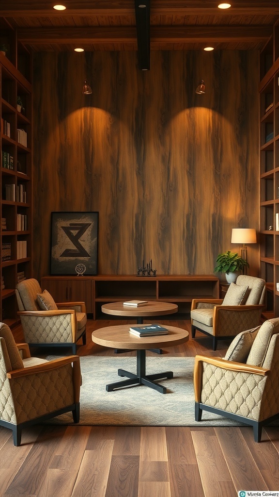 A cozy puzzle and board game room with warm wood tones, comfortable chairs, and a central coffee table.