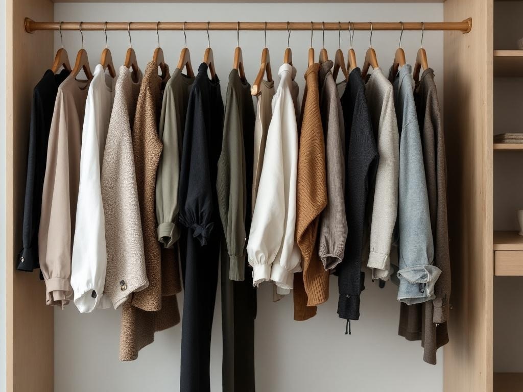 A neatly organized closet displaying a selection of clothing in neutral colors.