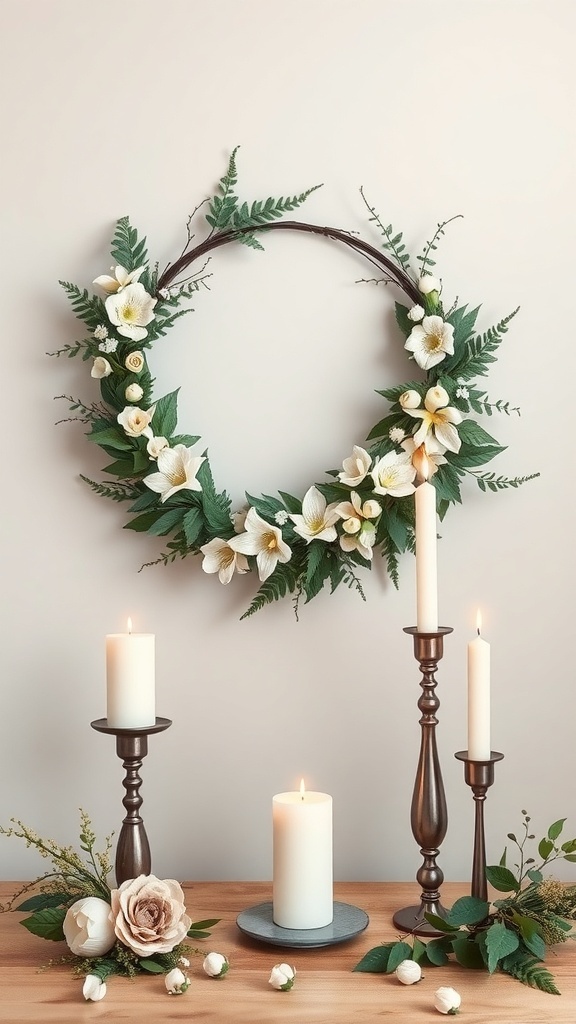 A minimalist Christmas decor scene featuring a floral wreath on a wall, accompanied by elegant candles on a wooden table.