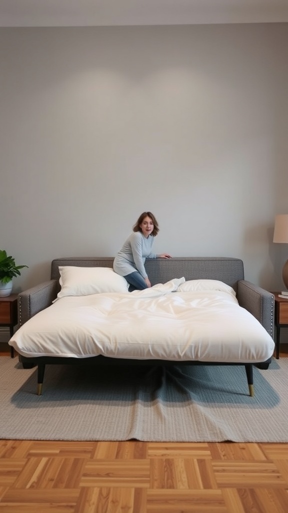 A person converting a click-clack sofa bed from sofa to bed in a stylish living room.