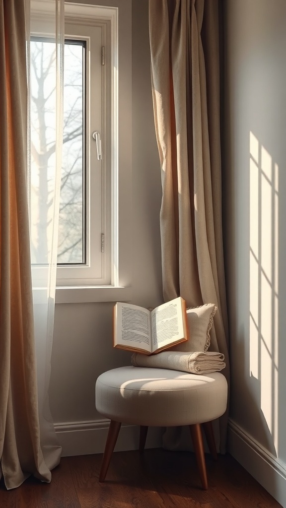 A cozy reading nook by a window with a stool, an open book, and soft curtains.