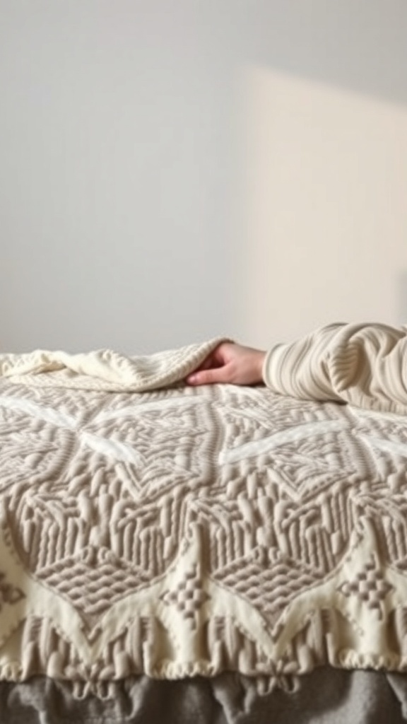 A hand gently pulling back a quilted coverlet on a bed, showcasing its texture and warmth.