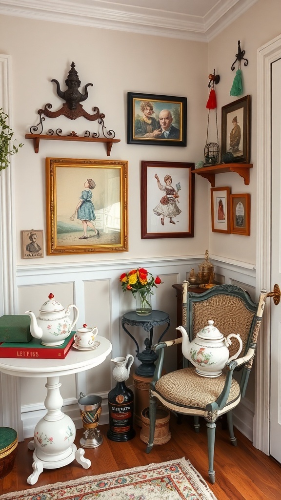 A cozy corner of a Victorian maisonette featuring vintage decor, a tea set, and eclectic artwork.
