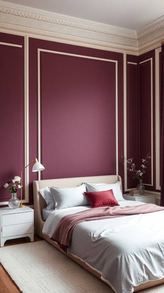 A cozy bedroom featuring raisin purple walls with off-white trim, a light-colored bed, and warm lighting.