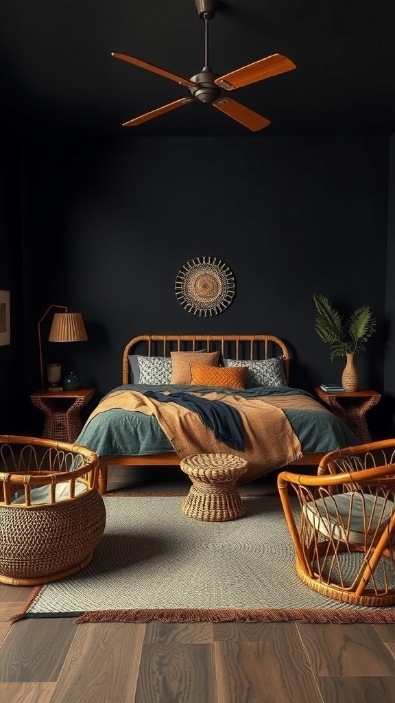 A dark boho bedroom featuring rattan furniture, a woven rug, and layered textiles.