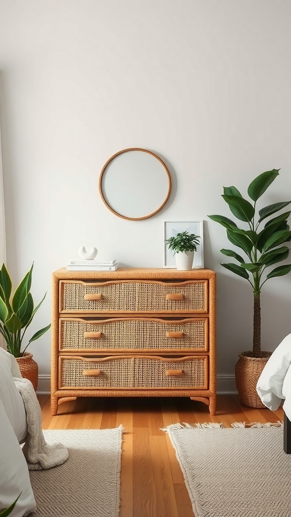 A rattan chest of drawers in a stylish bedroom setting, surrounded by plants and decorative items.