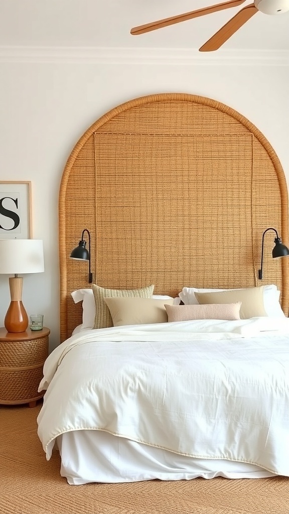 A cozy bedroom featuring a rattan headboard with an arched design, complemented by white bedding and stylish wall sconces.