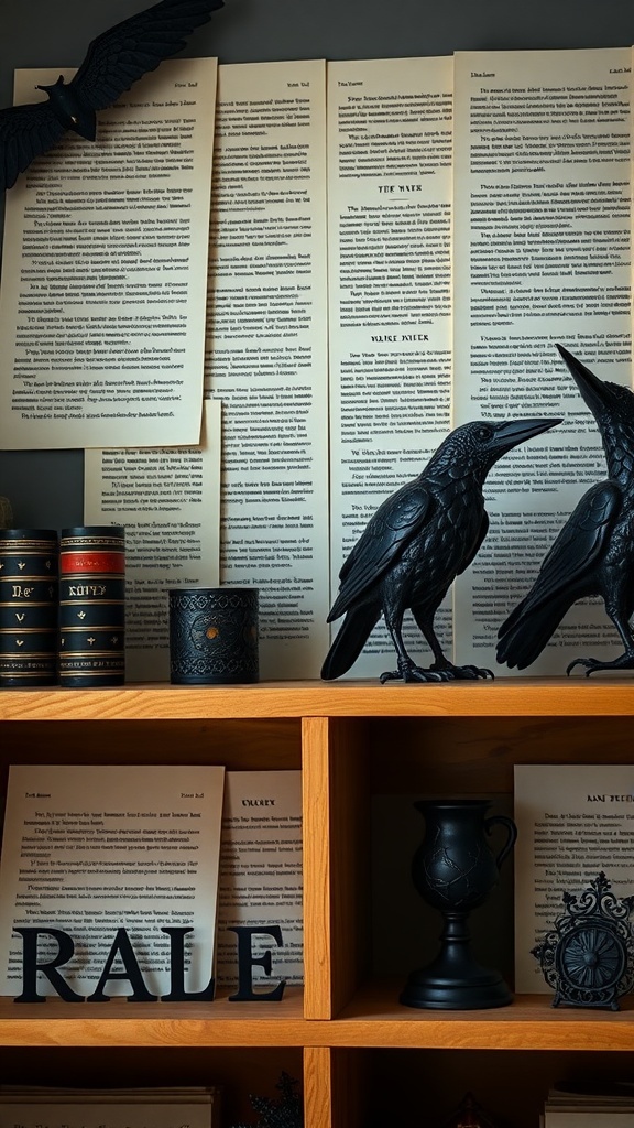 Two raven figurines on a wooden shelf with black candles and vintage pages in the background.