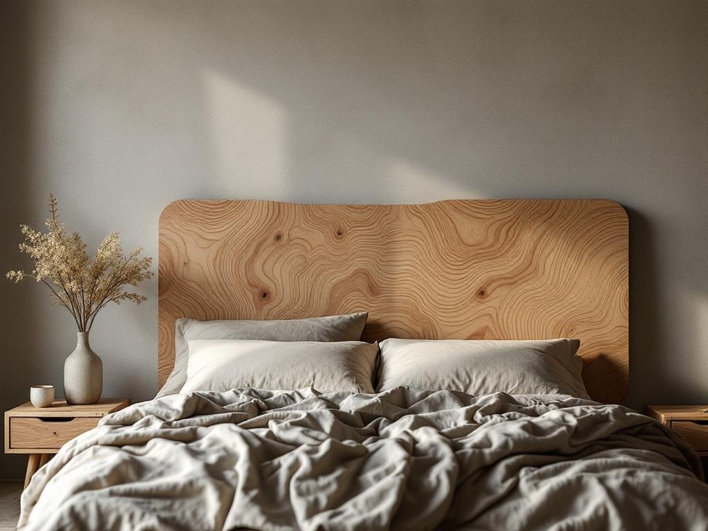 A cozy bedroom featuring a raw natural plywood headboard, soft bedding, and a minimalist aesthetic.