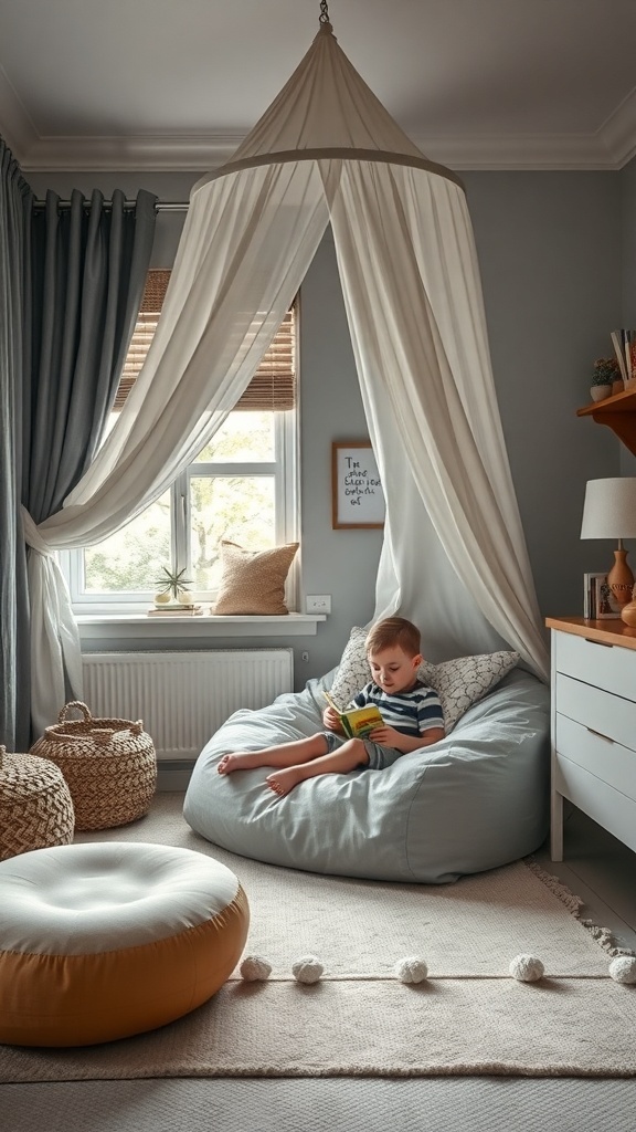 A cozy reading nook in a boy's bedroom featuring a beanbag chair, pouf, and soft drapes.