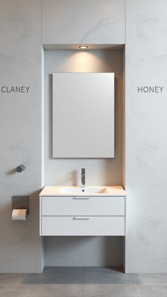 A modern recessed niche vanity with a sink and mirror, designed for a sleek bathroom look.