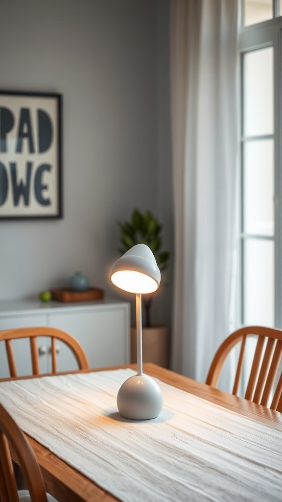 A stylish Pooky rechargeable lamp on a wooden table, illuminating a cozy dining area.