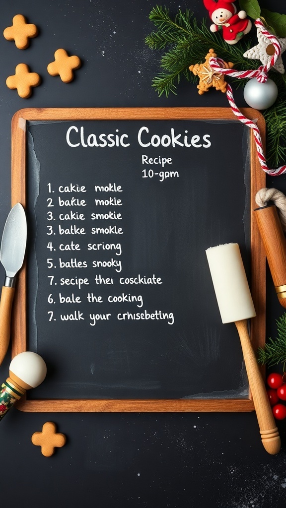 Chalkboard with a cookie recipe, surrounded by holiday decorations and baking tools.