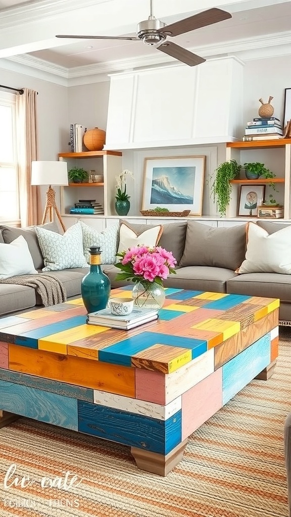 A colorful reclaimed boatwood coffee table with a patchwork design, surrounded by a cozy living room setting.