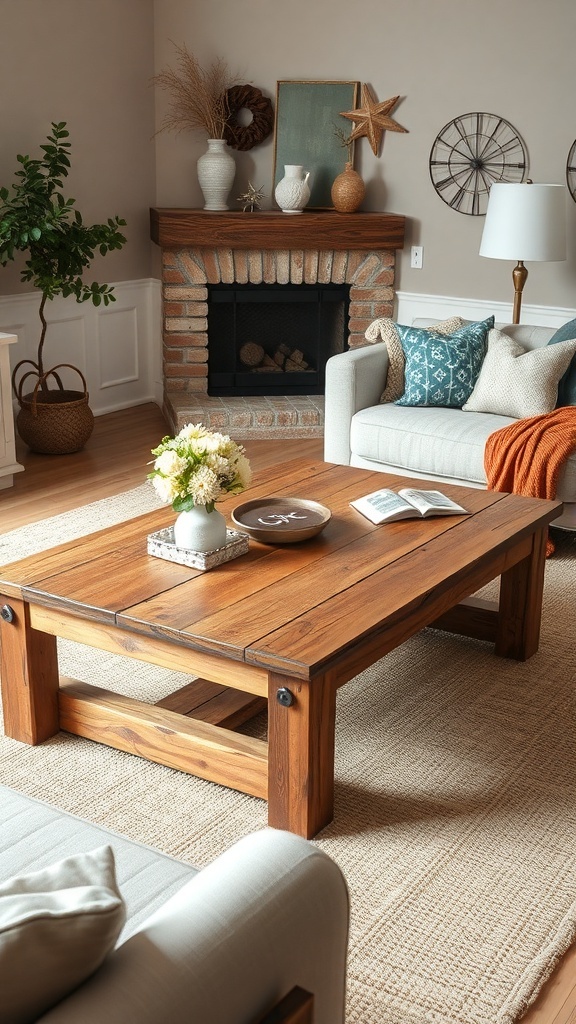 A reclaimed oak farmhouse coffee table in a cozy living room setting, featuring a warm wood finish and surrounded by comfortable seating.